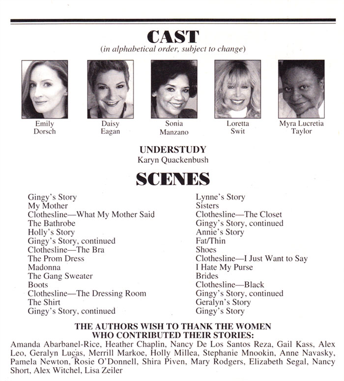 Cast sheet for Love and Loss play